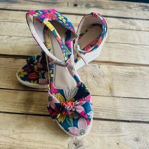 Floral Print Espadrille Wedge Sandals Knotted Bow Ankle Strap Multi Color 8.5